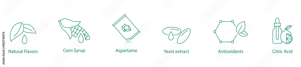 Natural Flavors, Corn Syrup, Aspartame, Yeast Extract, Antioxidants, Citric Acid Vector Icon Set for Food Additives Natural Flavors, Corn Syrup, Aspartame, Yeast Extract, Antioxidants, Citric Acid Vector Icon Set for Food Additives