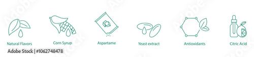 Natural Flavors, Corn Syrup, Aspartame, Yeast Extract, Antioxidants, Citric Acid Vector Icon Set for Food Additives