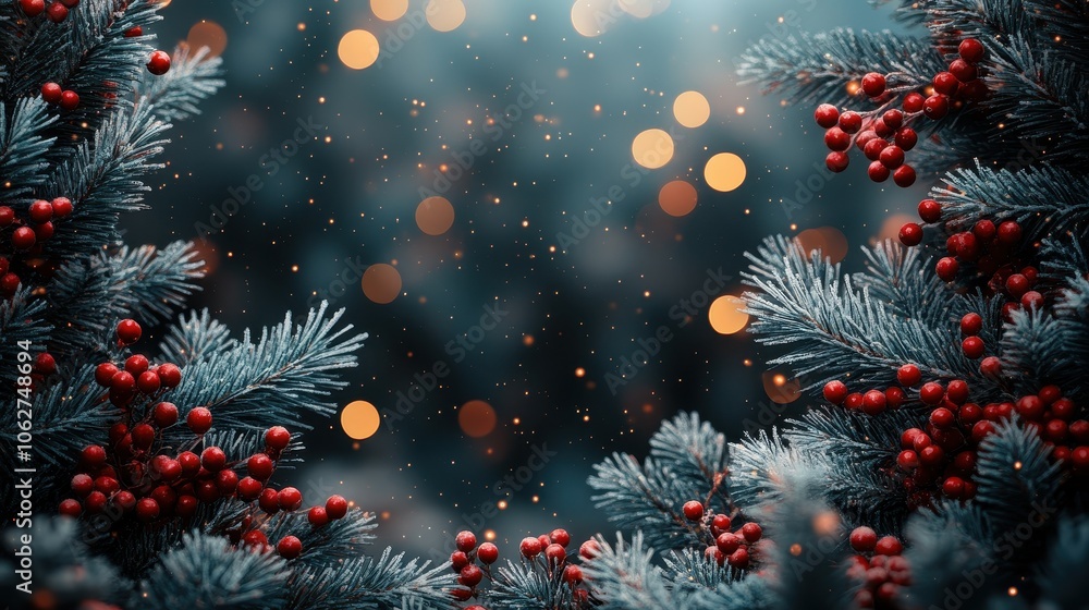 Fototapeta premium The festive holiday background of frosted pine branches with red berries and shimmering lights is perfect for celebrations of the season, especially around Christmas.