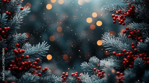 The festive holiday background of frosted pine branches with red berries and shimmering lights is perfect for celebrations of the season, especially around Christmas.