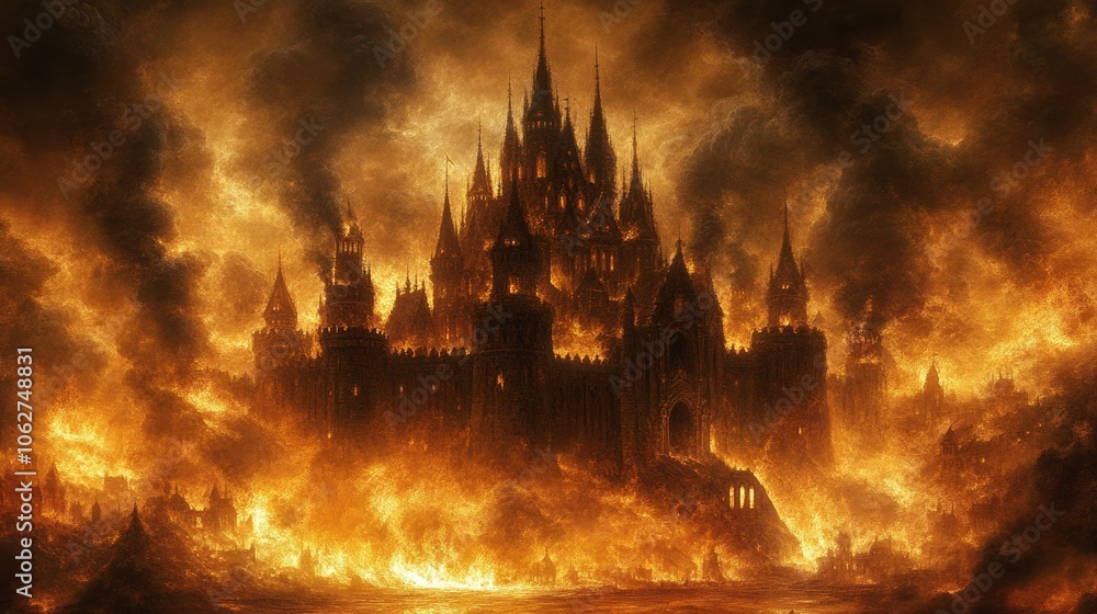 Fototapeta premium Burning Gothic Castle in Fiery Landscape Fantasy Architecture Dark Art
