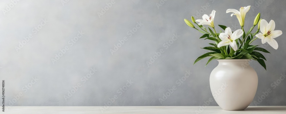 An elegant urn adorned with a delicate lily arrangement, a tribute to the deceased during a solemn commemoration An elegant urn adorned with a delicate lily arrangement, a tribute to the deceased during a solemn commemoration