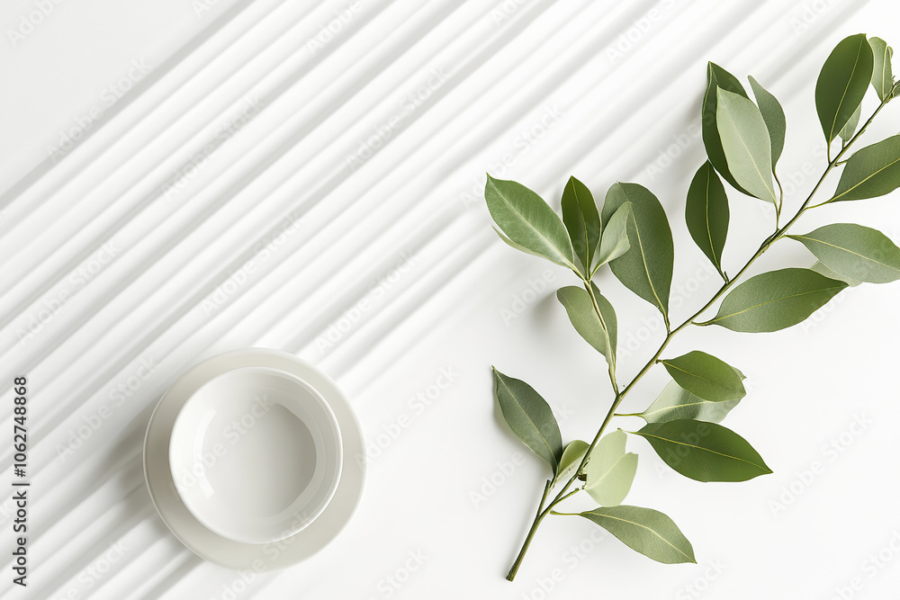 Minimalist white plate and green leaves on textured surface Minimalist white plate and green leaves on textured surface