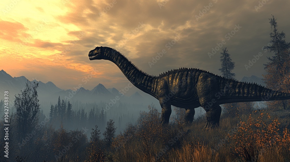 Dinosaur Silhouette in Mountain Landscape Sunset Dinosaur Silhouette in Mountain Landscape Sunset