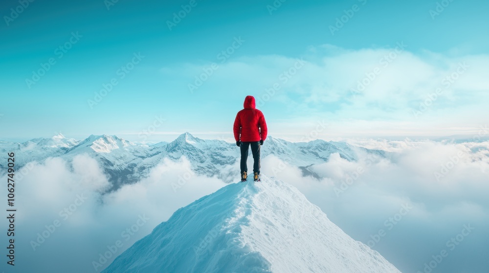A climber gazing out at a breathtaking vista of snow capped peaks and valleys from a vantage point high on a mountain ridge. A climber gazing out at a breathtaking vista of snow capped peaks and valleys from a vantage point high on a mountain ridge.