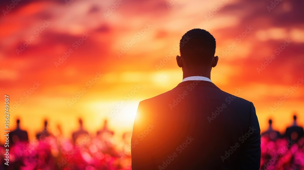 A fiery sunset framing a memorial speech at an outdoor funeral, paying homage to a life well-lived A fiery sunset framing a memorial speech at an outdoor funeral, paying homage to a life well-lived