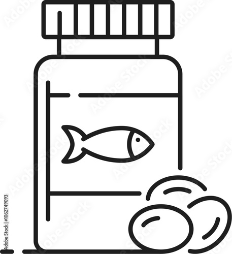 Salmon fish oil capsule thin line icon. Healthy nutrition and dieting supplement jar, Omega 3 fatty acid source outline pictogram. Vitamin D and E dragee or pill container thin line icon or symbol