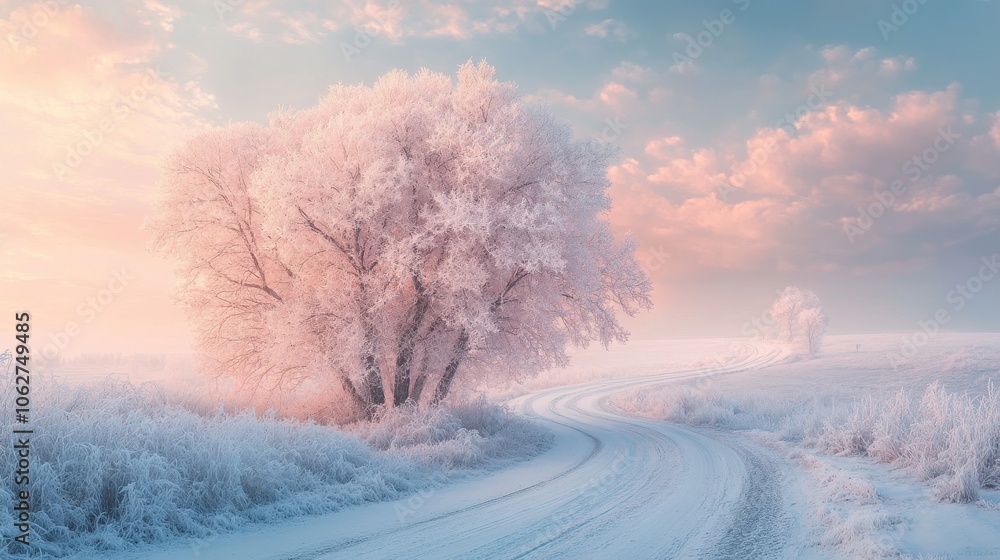 Serene winter landscape with a winding road and frosted trees under a soft pastel sky, evoking tranquility and natural beauty. Serene winter landscape with a winding road and frosted trees under a soft pastel sky, evoking tranquility and natural beauty.