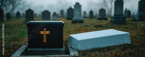 A misty cemetery with a box resting beside an open grave, capturing the quiet finality of burial photo