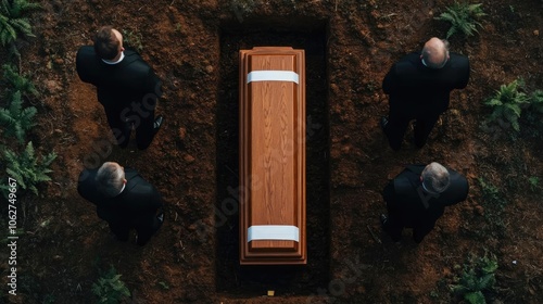 A solemn graveside funeral with a casket being lowered into the interment plot, capturing the gravity of the moment