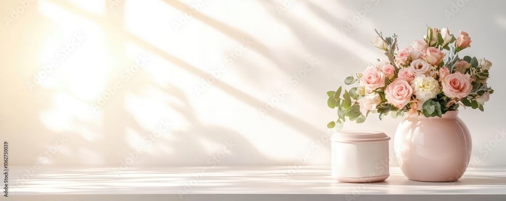 Fototapeta premium A memorial table with a bouquet and urn, sunlight streaming through a window, evoking a quiet moment of reflection and farewell