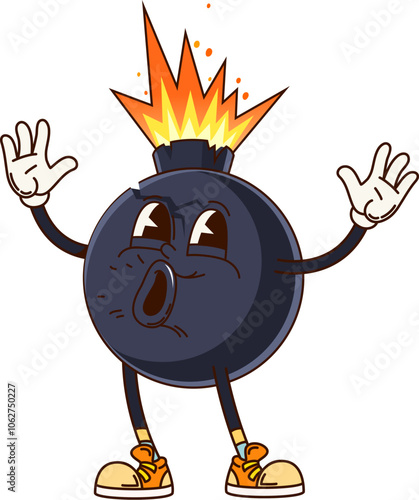 Groovy bomb character in retro cartoon comic funky art, vector personage. Funny groovy bomb character or explosive TNT cannonball with burning fuse and explosion burst or boom bang expression on face