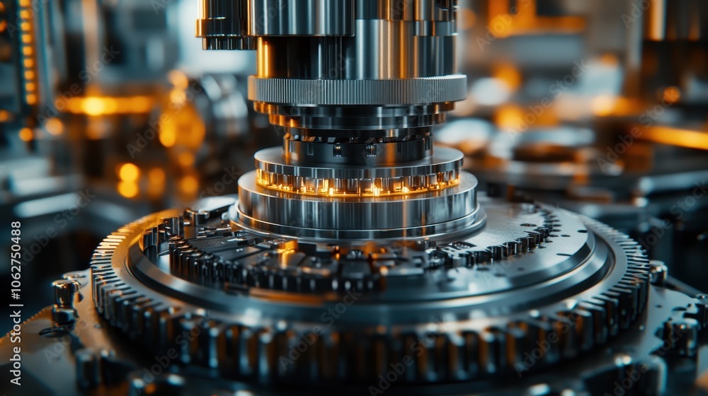 High-tech industrial machinery focusing on precision manufacturing processes, showcasing advanced technology and automation in a detailed close-up view. High-tech industrial machinery focusing on precision manufacturing processes, showcasing advanced technology and automation in a detailed close-up view.