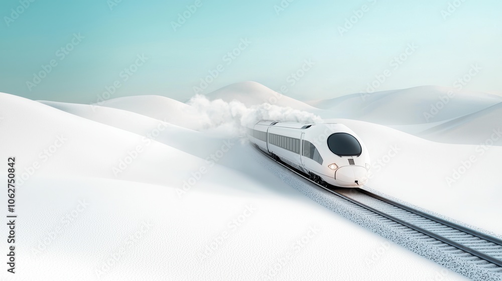 A high speed train speeding through a snow covered landscape, leaving a trail of steam against the pristine white backdrop. A high speed train speeding through a snow covered landscape, leaving a trail of steam against the pristine white backdrop.