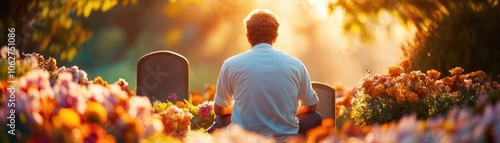 A serene scene of contemplation as a man kneels before a family grave, seeking insight and healing from his roots through an All Souls' Day ritual photo