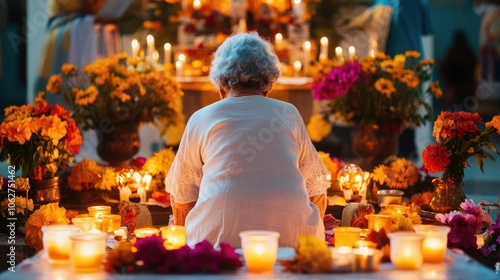 An elderly woman kneeling before an altar, offering prayers and petitions during All Souls' Day, surrounded by candles and traditional elements of commemoration photo