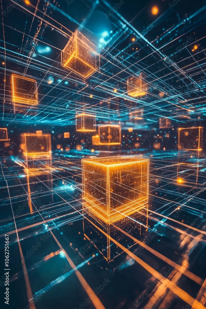 Abstract digital background with futuristic glowing lights and cyberpunk elements, representing the speed of data transfer in cyberspace or virtual reality. 