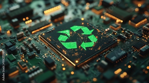 Concept of green technology, green recycle sign on circuit board, technology innovations, environment, AI generated illustration, highquality image photo