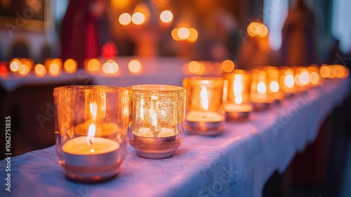 Homage to holy saints on All Saints Day, believers in deep devotion, sainthood symbolized in glowing icons, peaceful church filled with warm candlelight