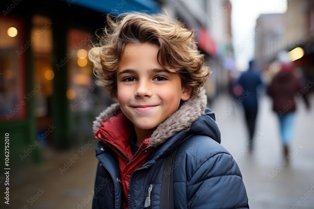 Portrait of a cute little boy with curly hair in the city Portrait of a cute little boy with curly hair in the city
