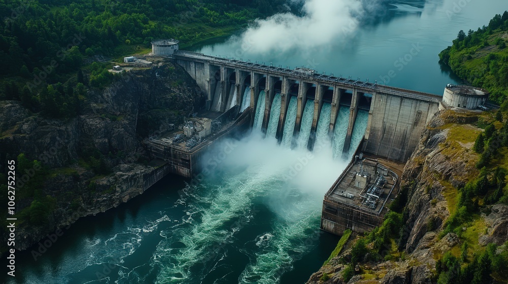 Serene Mountain Reservoir Landscape with Dam and Blue Sky Serene Mountain Reservoir Landscape with Dam and Blue Sky