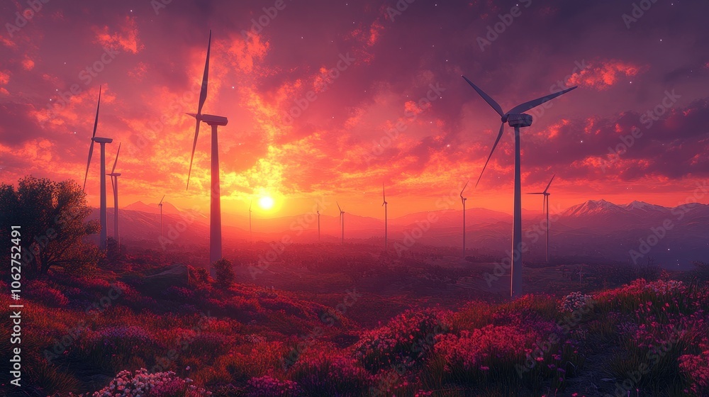 Fototapeta premium Majestic wind turbines overlooking a sunset landscape. Generative AI image