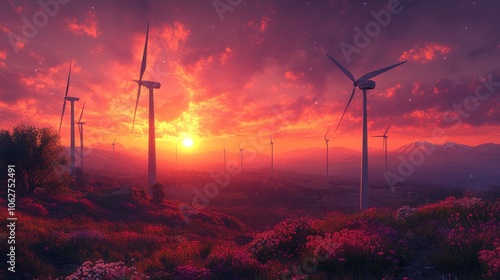 Majestic wind turbines overlooking a sunset landscape. Generative AI image