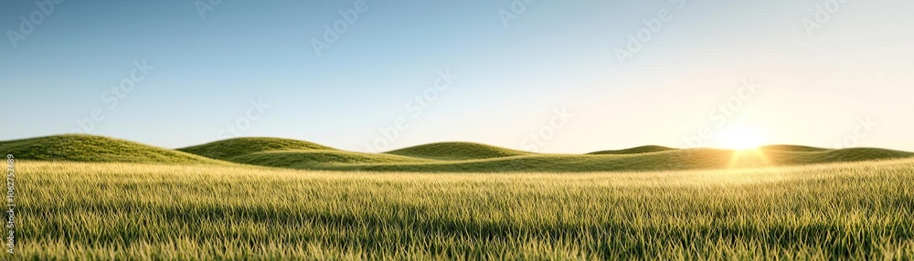 Obraz premium A serene landscape showcasing rolling hills under a clear blue sky with the sun rising in the background, illuminating the grassy fields.