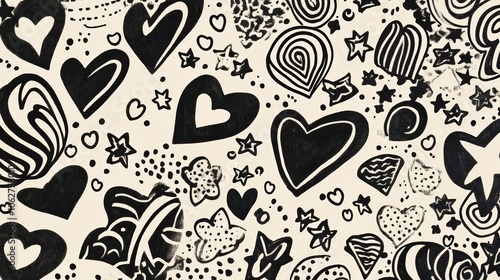 A hand-drawn doodle background, filled with quirky, playful illustrations of stars and hearts