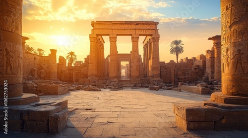 Ancient temple ruins bathed in sunset light, surrounded by palm trees.