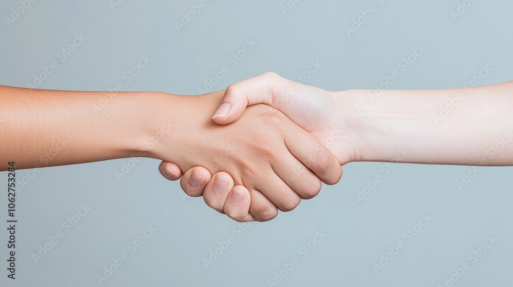 Two hands of different skin tones clasped together in a handshake, representing equality, respect, and collaboration across cultural differences. Two hands of different skin tones clasped together in a handshake, representing equality, respect, and collaboration across cultural differences.