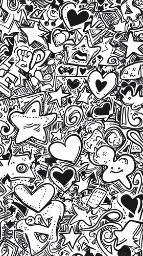 A hand-drawn doodle background, filled with quirky, playful illustrations of stars and hearts