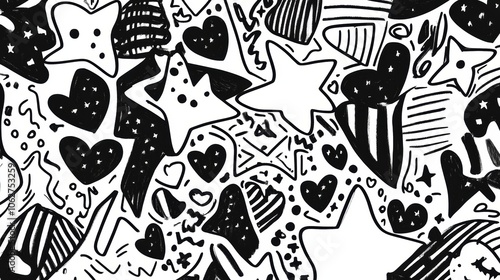A hand-drawn doodle background, filled with quirky, playful illustrations of stars and hearts