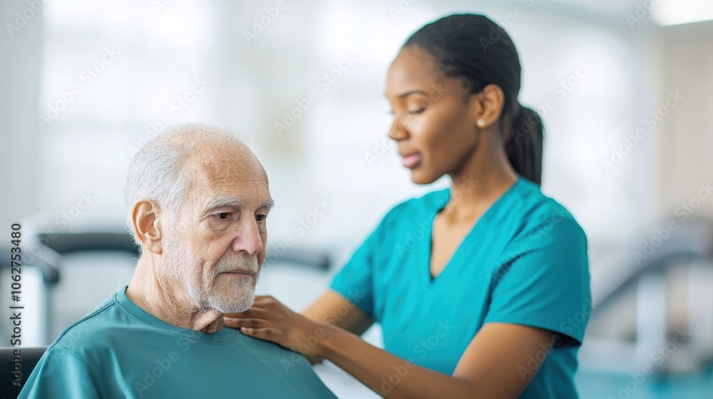 A woman in a blue shirt is helping an older man with his neck A woman in a blue shirt is helping an older man with his neck