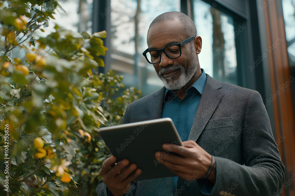 Happy middle aged business man ceo wearing suit standing in office using digital tablet. Happy middle aged business man ceo wearing suit standing in office using digital tablet.