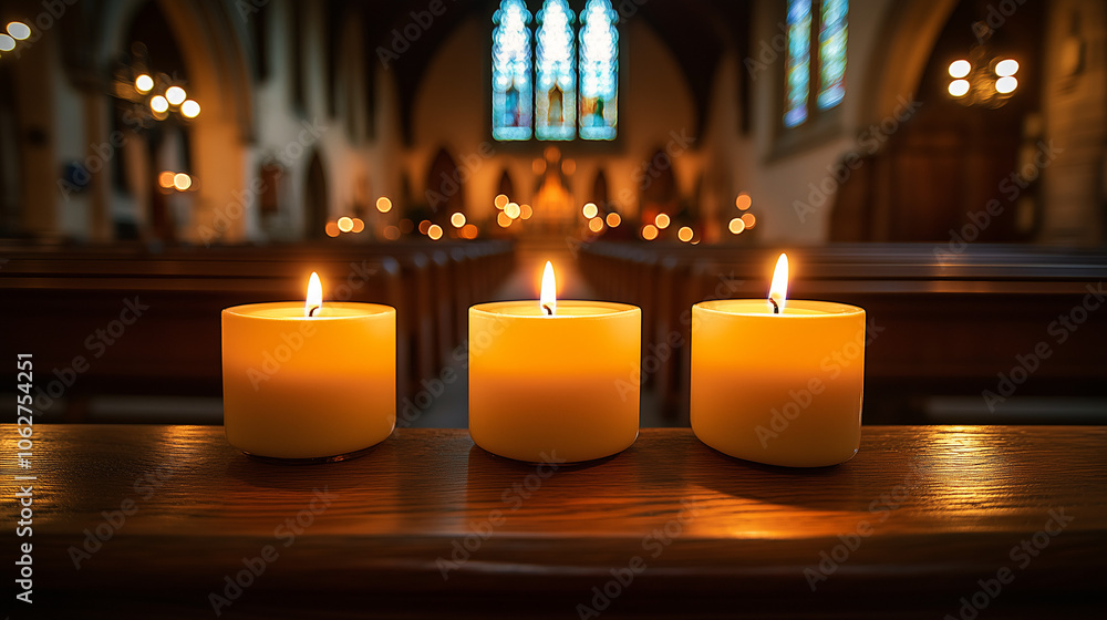 Three burning candles in a church creating a warm ambiance for Easter morning service Three burning candles in a church creating a warm ambiance for Easter morning service