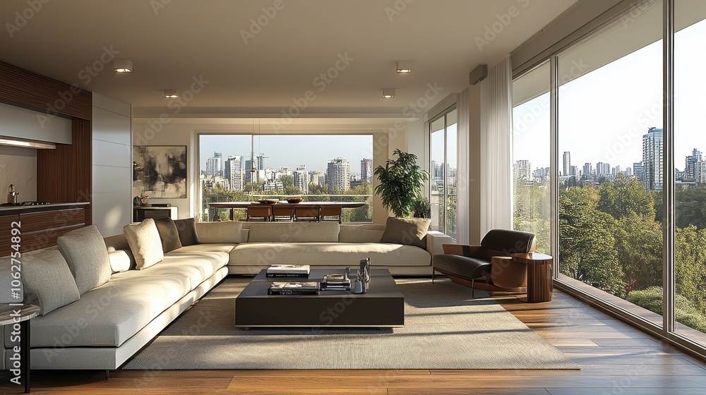 Fototapeta premium The living room is modern and has parquet flooring with chic furniture.