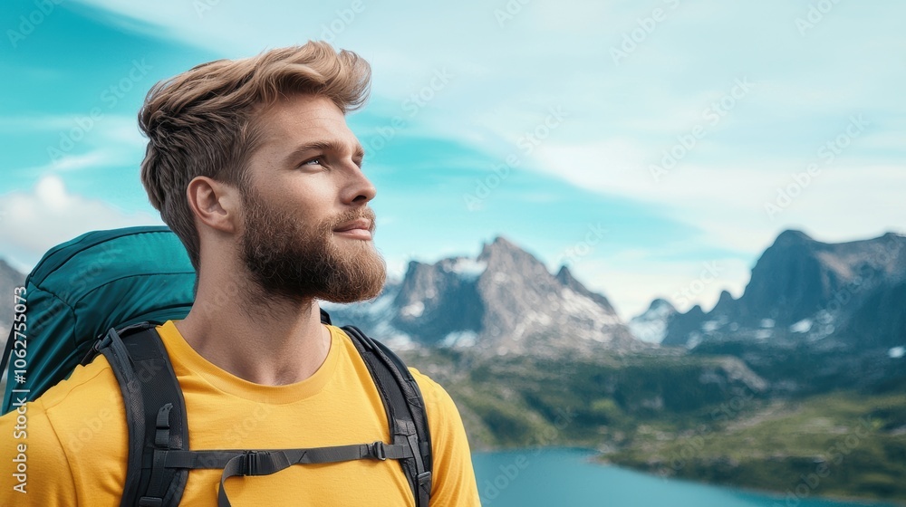Fototapeta premium A climber looking out over a vast mountain range, a sense of accomplishment and awe on their face as they take in the breathtaking vista.