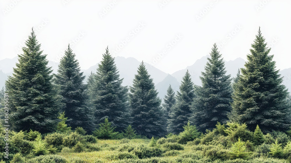 Lush green coniferous forest with dense trees in natural setting isolated on transparent background Lush green coniferous forest with dense trees in natural setting isolated on transparent background