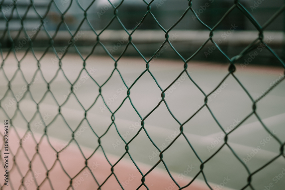 Protective wire fence surrounding a tennis court, providing safety and security for players Protective wire fence surrounding a tennis court, providing safety and security for players