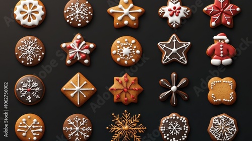 Gingerbread christmas snowflake star santa man tree cookie biscuit on transparent background cutout. PNG file. Many assorted different design. Mockup template for artwork design