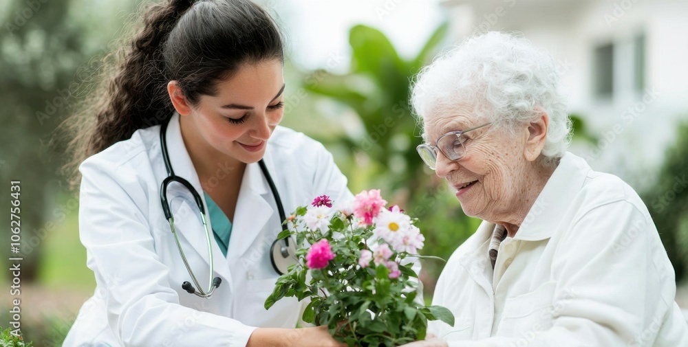 A woman in a white lab coat is helping an elderly woman plant a flower A woman in a white lab coat is helping an elderly woman plant a flower