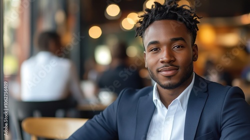 A young African-American professional in a suit is sitting in a cafe and looking at the camera.