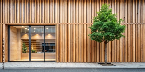 Clean wooden shop facade near road with tree in background photo