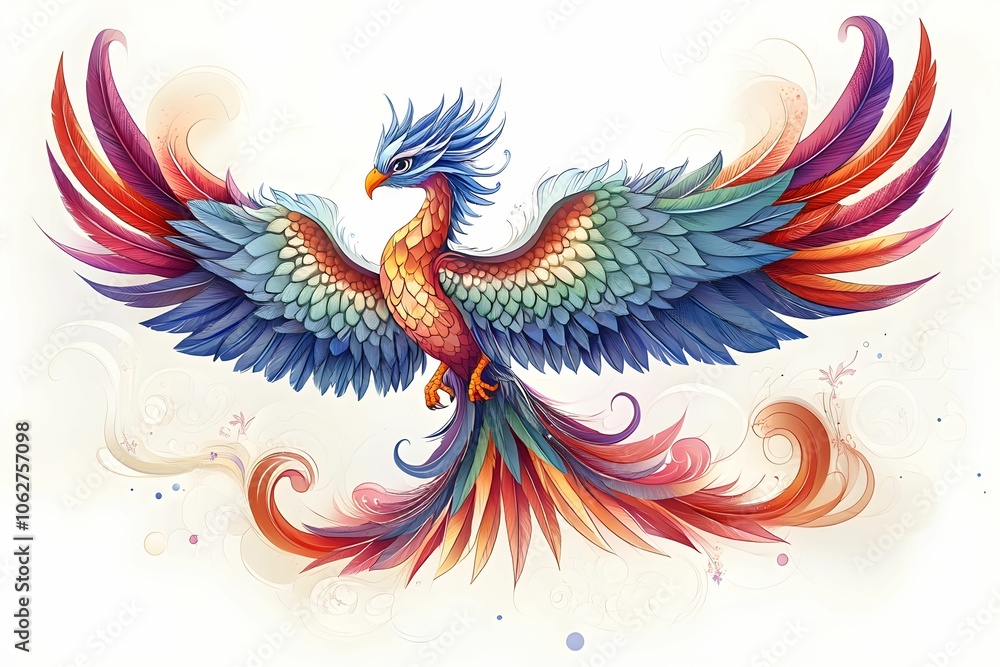 A vibrant and colorful phoenix spreads its wings tattoo design, showcasing stunning feathers in hues of red, blue, and green against a soft, abstract background. A vibrant and colorful phoenix spreads its wings tattoo design, showcasing stunning feathers in hues of red, blue, and green against a soft, abstract background.
