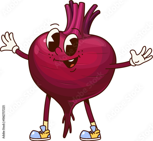 Groovy beetroot vegetable cartoon character with a joyful expression and big, expressive eyes, standing with outstretched hands and exudes funky hippie vibes, promotes healthy eating and ripe harvest