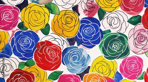 colorful ink drawing of rose flowers pattern on a white background