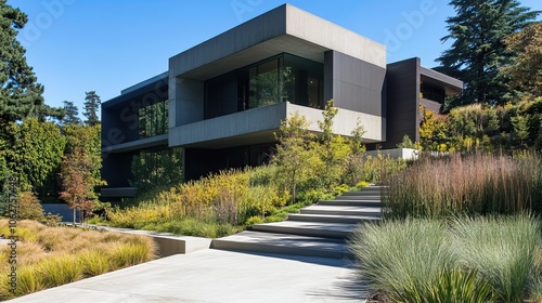 Modern two-story building on sloped terrain, architecture, contemporary, structure, design, exterior, urban, slope.