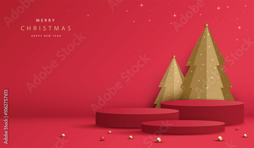 Podium shape for show cosmetic product display for christmas day or new years. Stand product showcase on red background with lighting christmas. vector design.