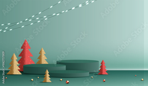 Podium shape for show cosmetic product display for christmas day or new years. Stand product showcase on red background with lighting christmas. vector design.
